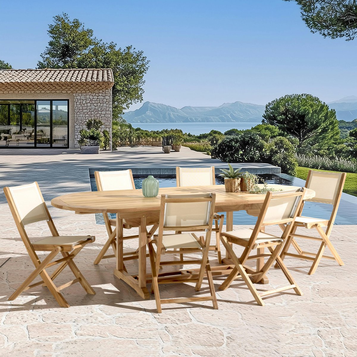 Ensemble de repas extérieur en teck table extensible 6 chaises ALERIA bois naturel, PIER IMPORT