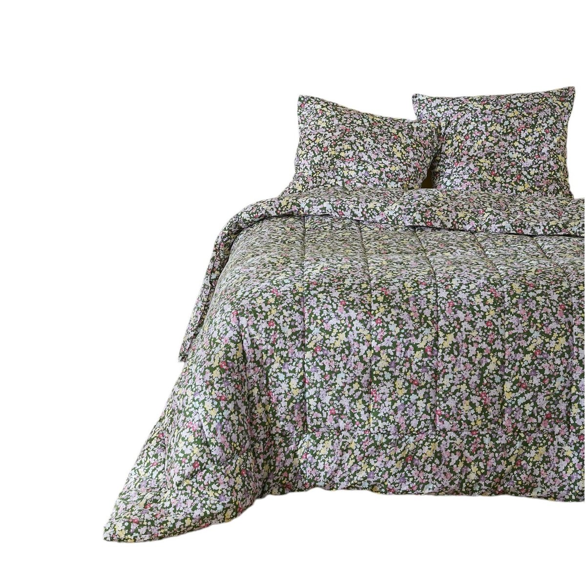 Couette coton imprimee Myosotis fleurie vert, EDEN