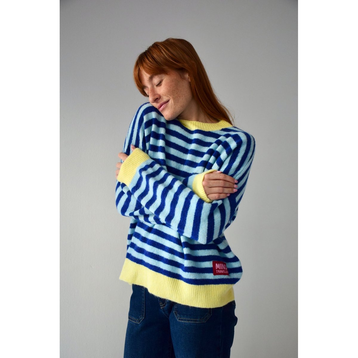 Pull rayé bords contrastés PIA bleu / jaune, MINDTRAVELER
