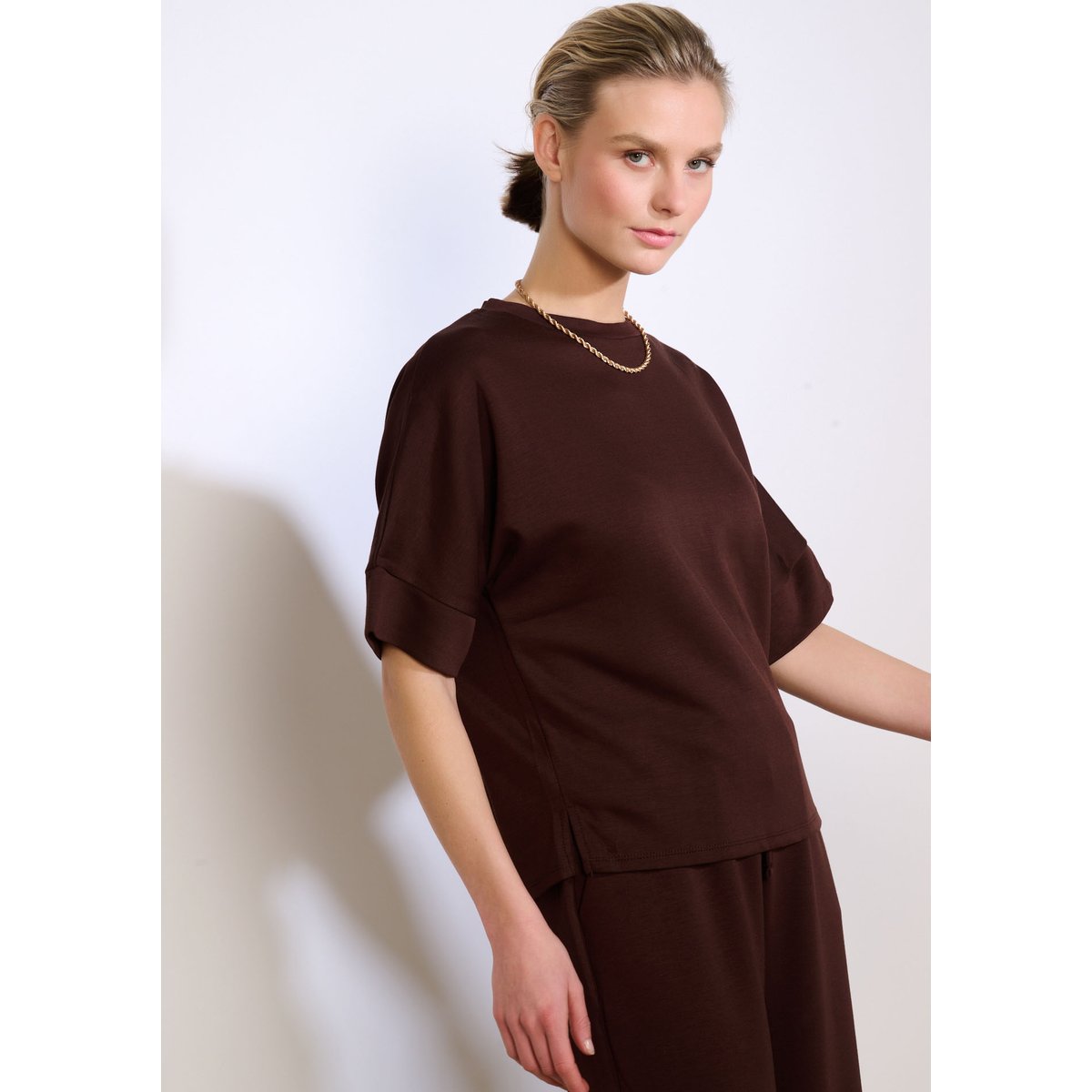 T-shirt col rond modal brun fonce chocolate, LOLALIZA