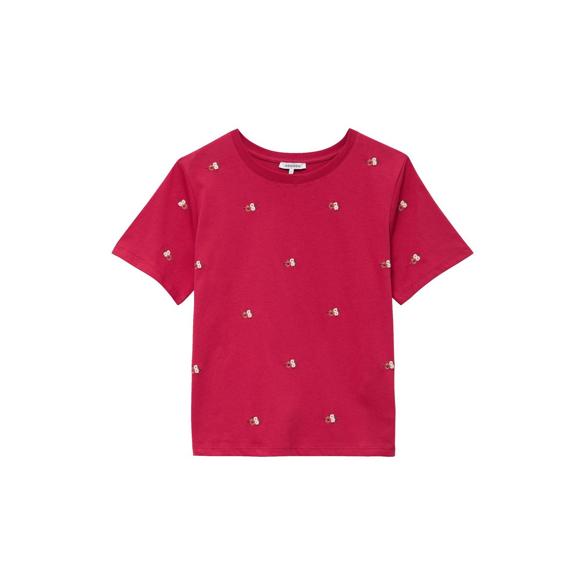 T-shirt droit col rond brodé en coton rouge clair, BONOBO