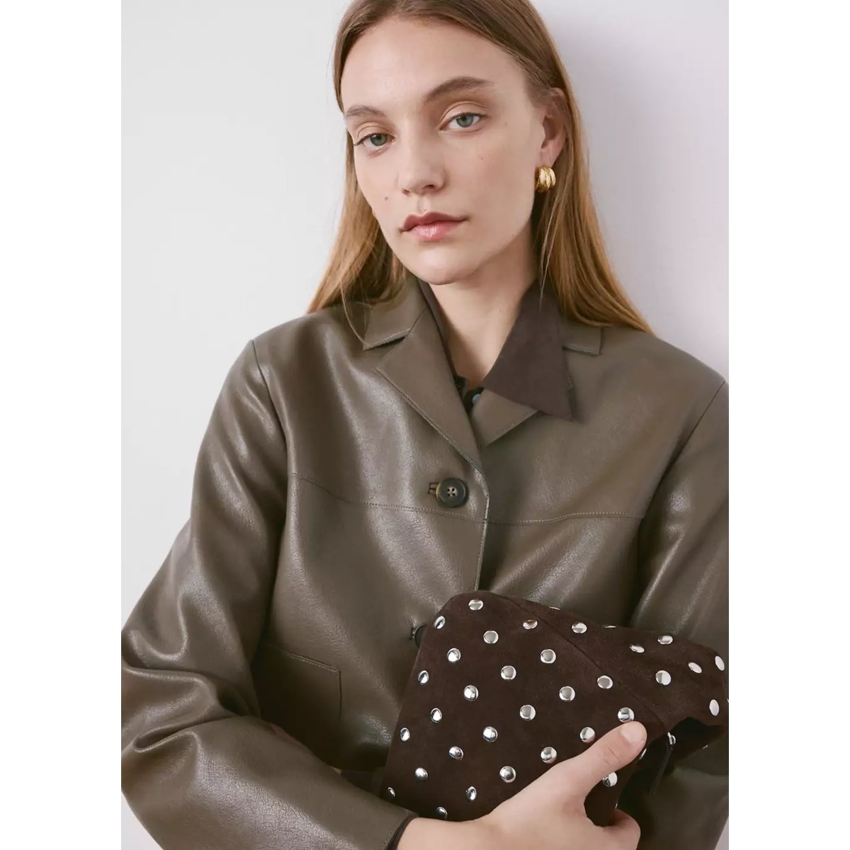 Veste cuir synthétique poches olive, MANGO