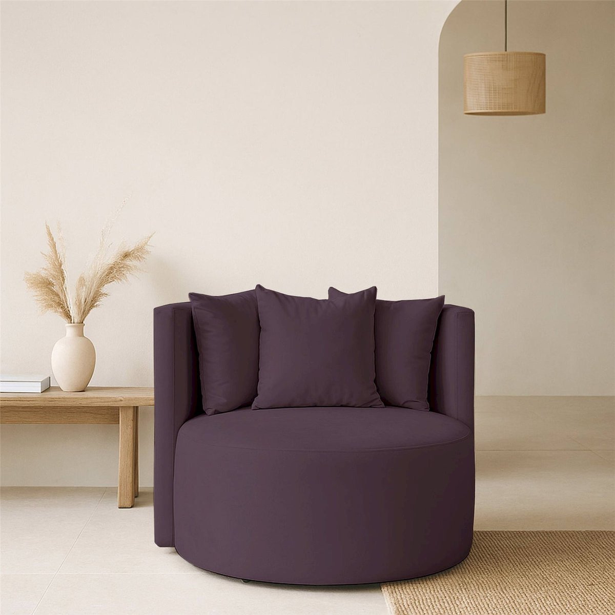 Fauteuil pivotant enveloppant en velours prune riviera, RECOLLECTION