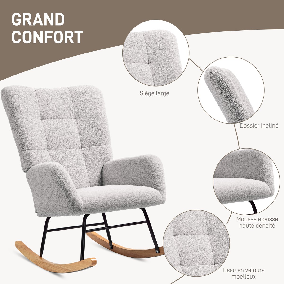Fauteuil à bascule Laine bouclée Gris gris clair, HOMCOM