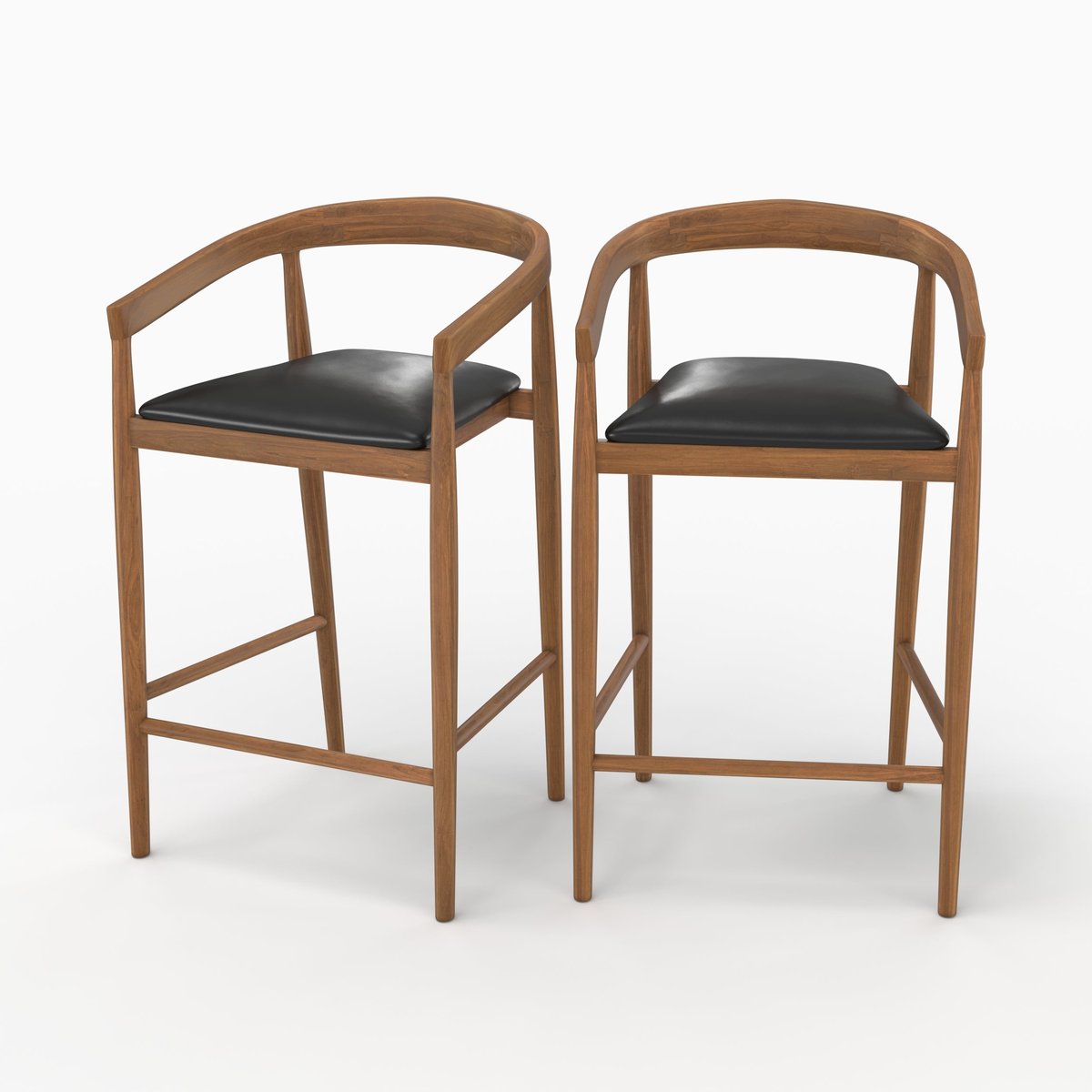 Lot de 2 chaises de bar 77 cm en bois de teck vernis et assise en cuir - BALI noir, MAISON PAVANE