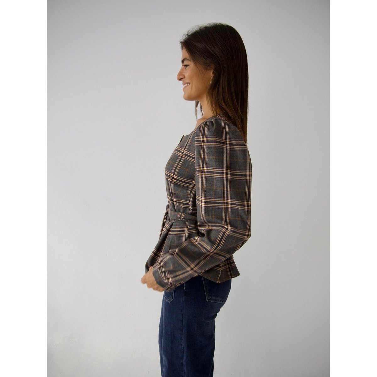 Blouse carreaux col carré BETH gris / bordeaux, MINDTRAVELER