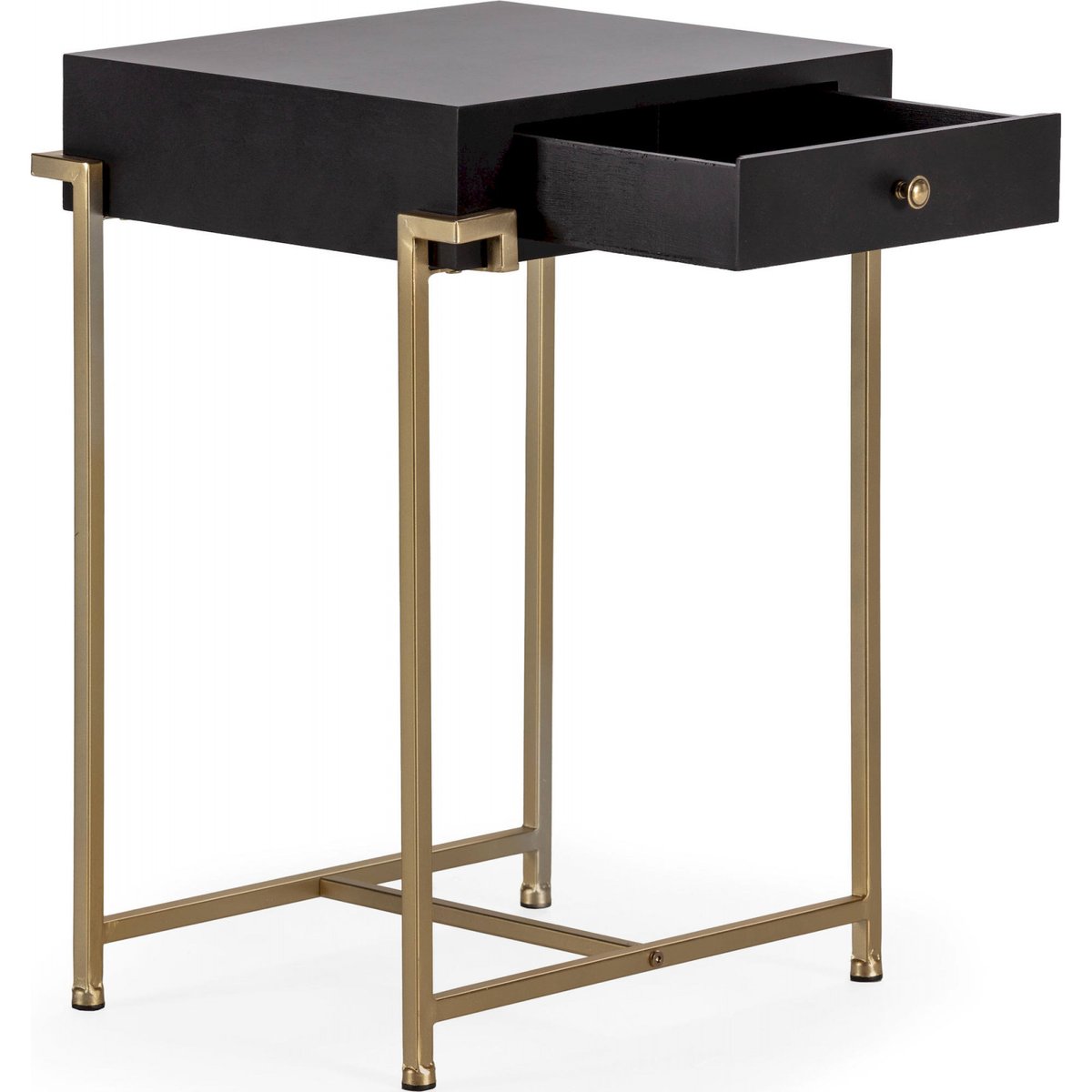 Table de nuit carrée en métal noir ébène et détails dorés, RECOLLECTION