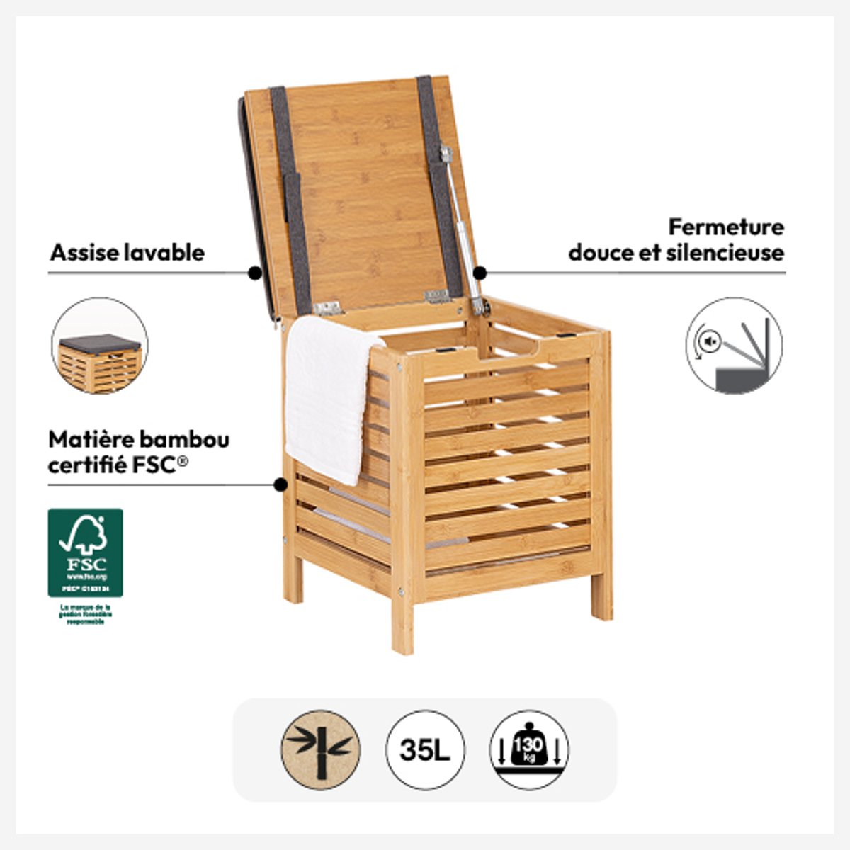 Banc de rangement avec coussin en bambou beige, 5FIVE SIMPLY SMART