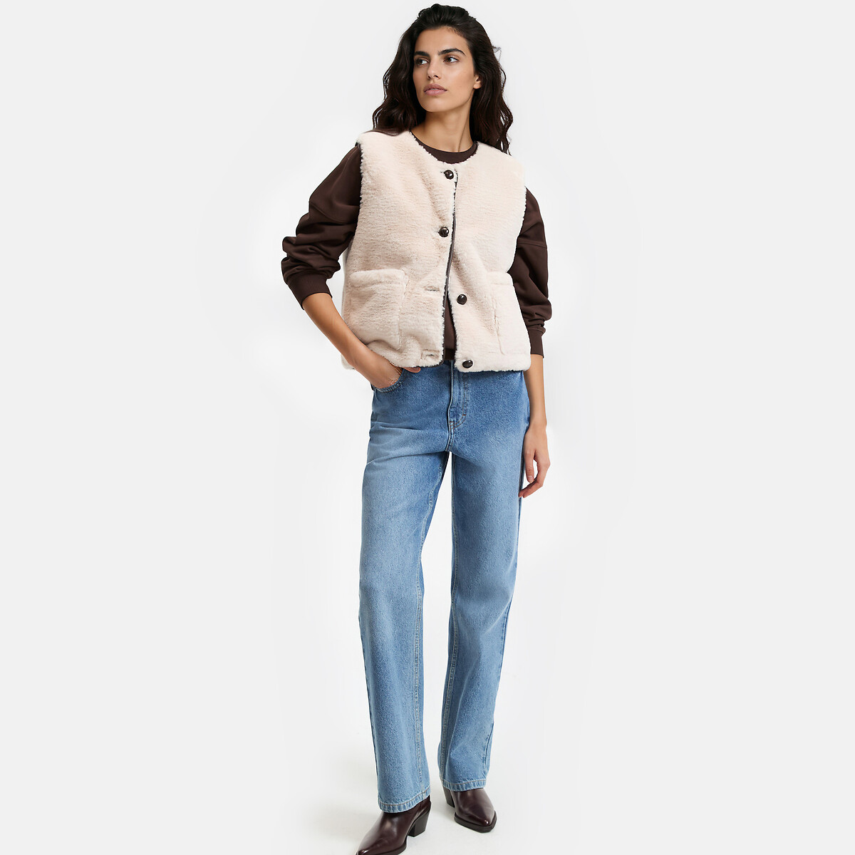 Veste col rond, sans manches, en sherpa beige, LA REDOUTE COLLECTIONS