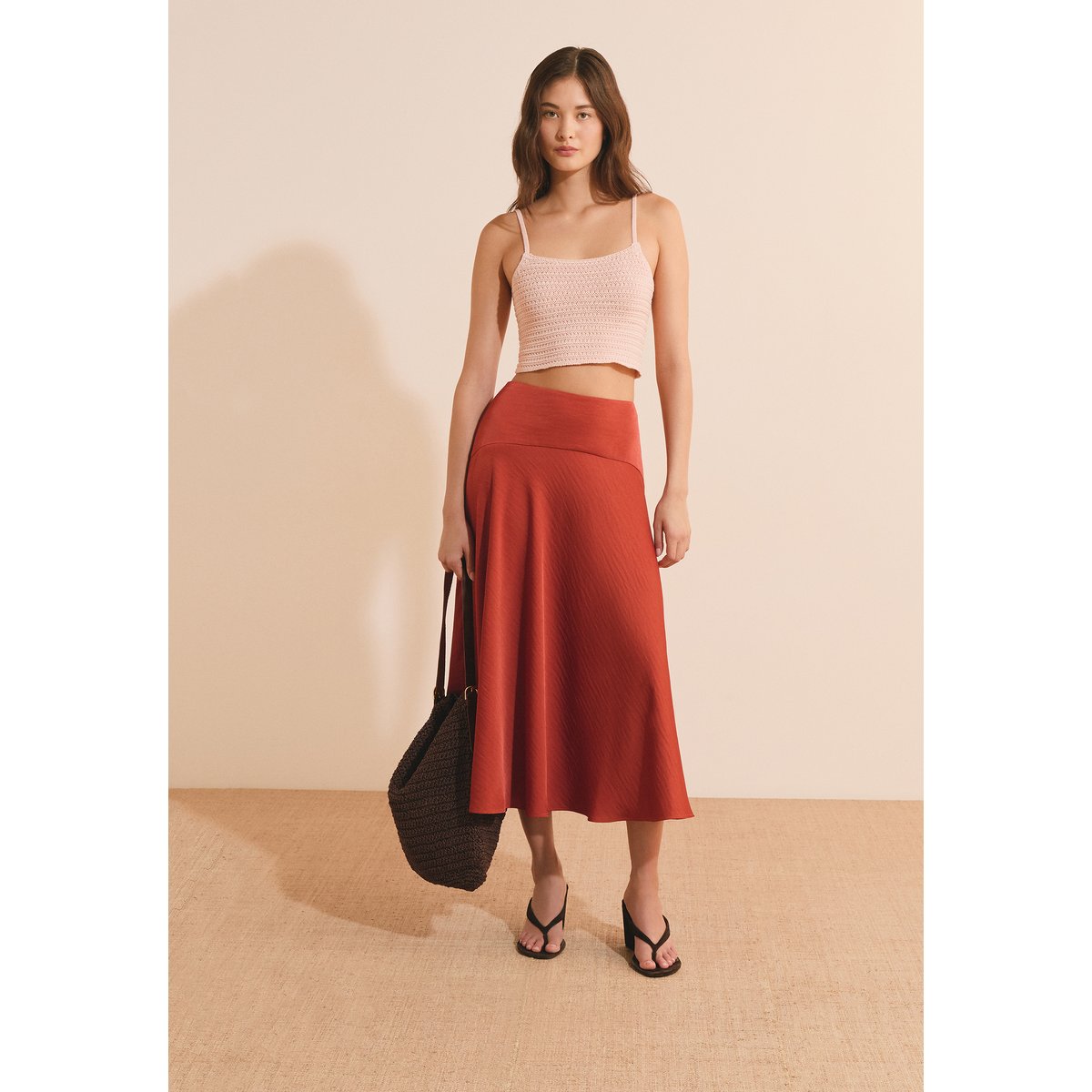 Jupe midi satinée RITA terracotta, ETAM