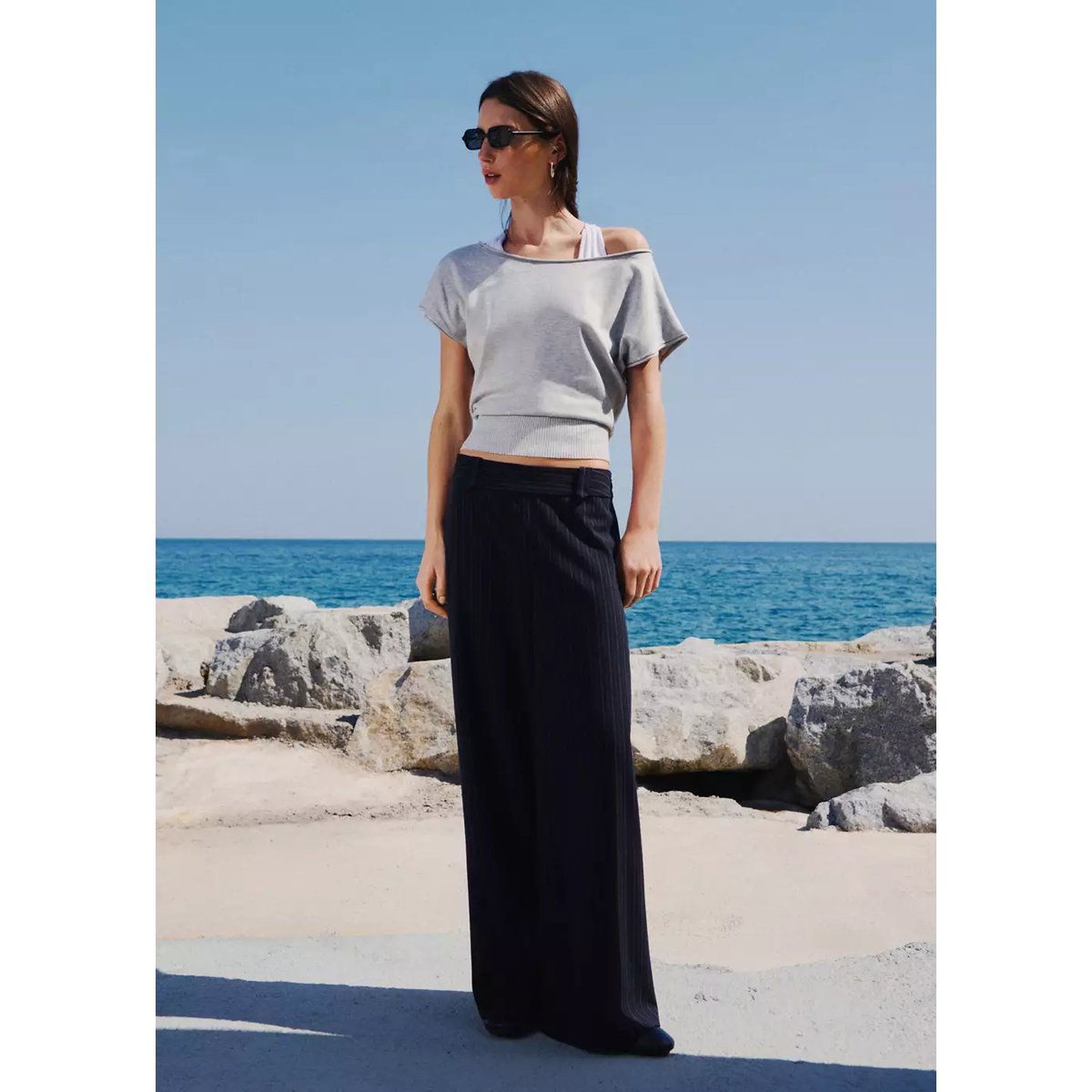 Pantalon taille basse à rayures tennis bleu marine, MANGO TEEN