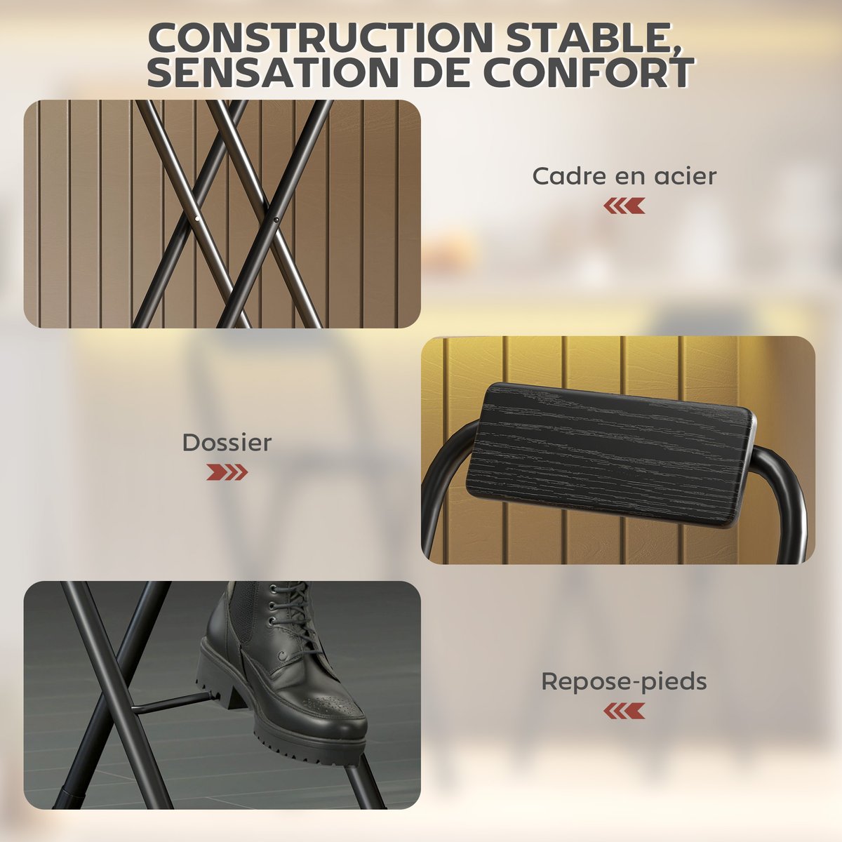 Tabouret de bar Acier Noir noir, HOMCOM