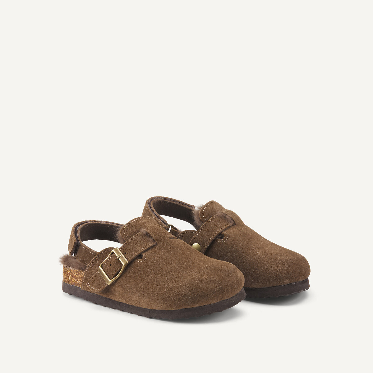 Kids Faux Fur Lined Suede Clog Mules brown, LA REDOUTE COLLECTIONS