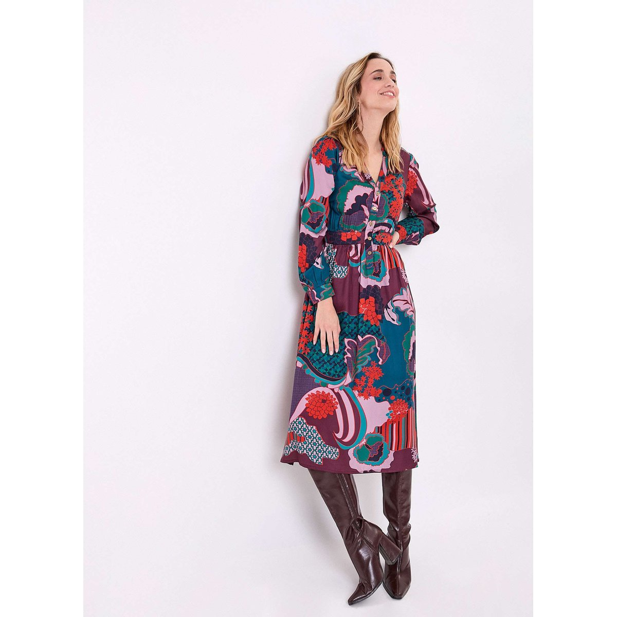 Robe midi fluide évasée imprimée URIKO rouge brique preeti uriko, LA FIANCÉE