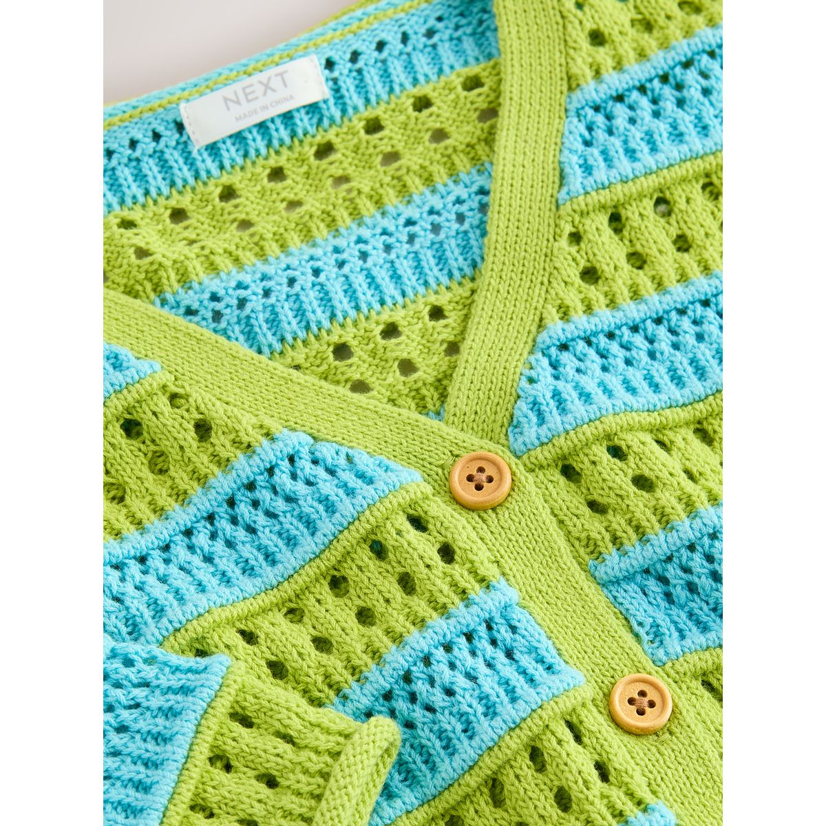 Cardigan au crochet à col v vert/bleu, NEXT