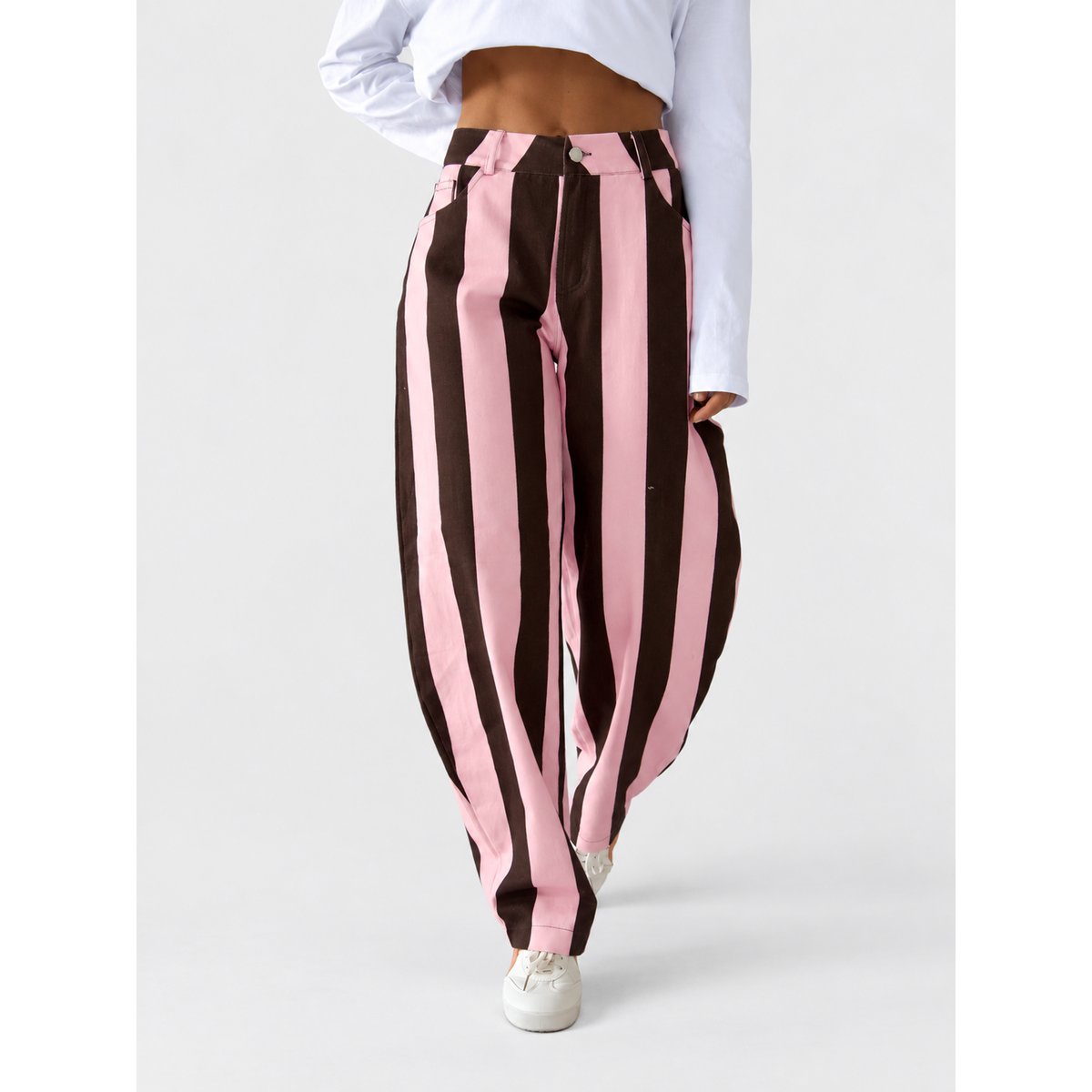 Jean rayé coupe barrel CLARISSA marron / rose, MINDTRAVELER