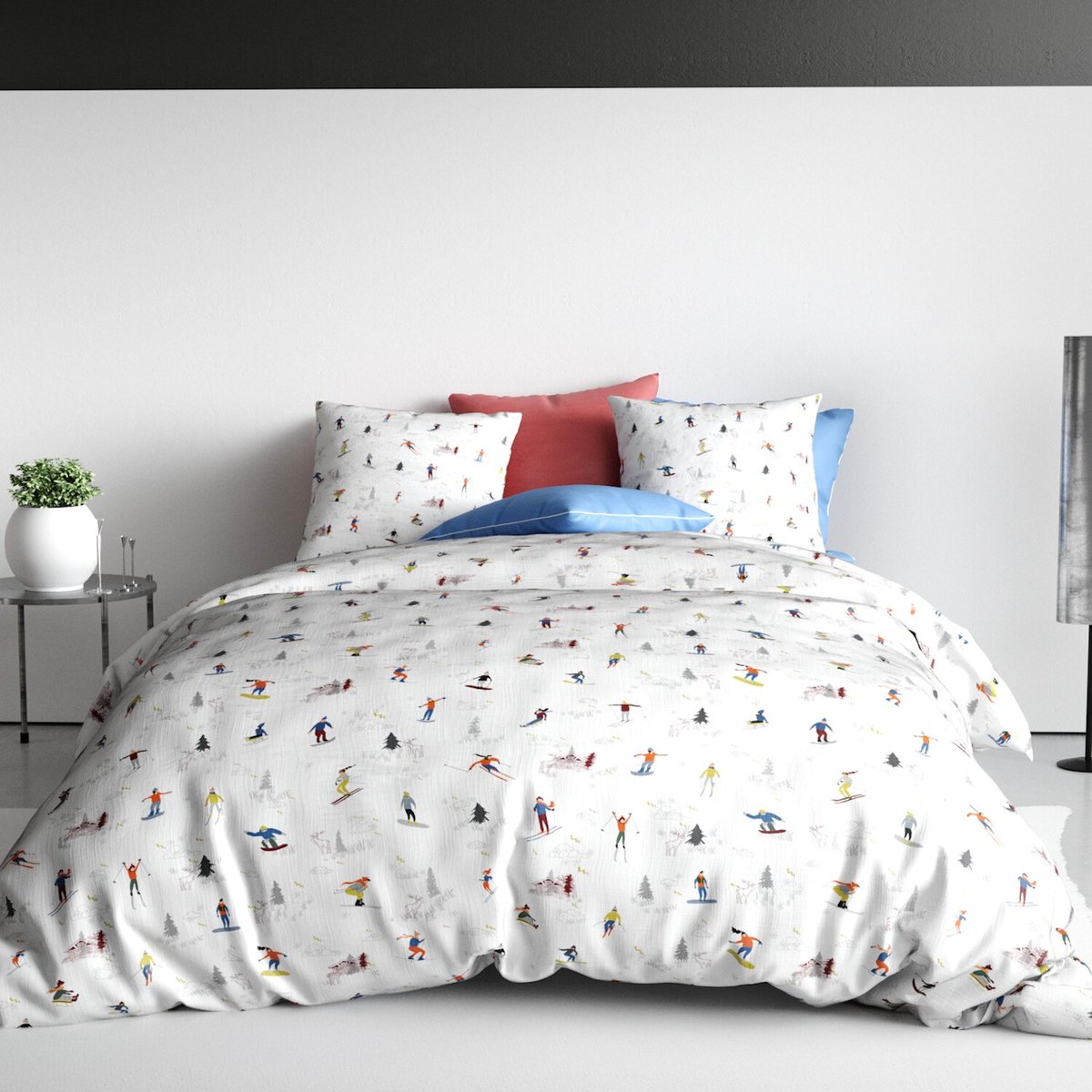Parure housse de couette en coton imprimée, Skieur multicolore, C DESIGN HOME TEXTILE