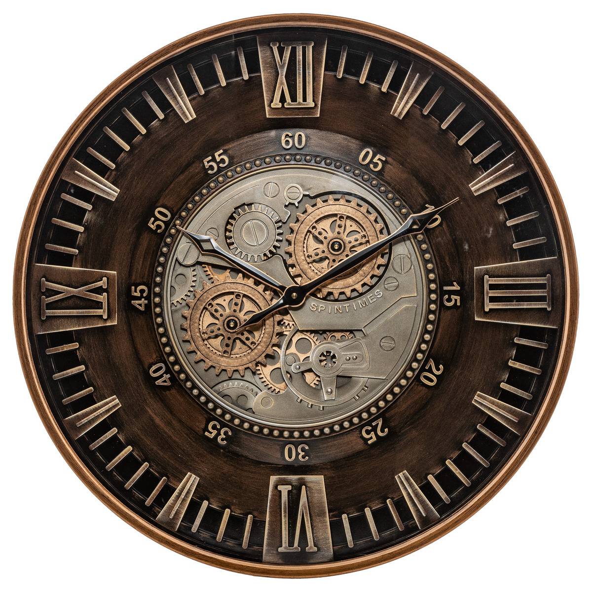 Horloge mécanique acier engrenages mobiles YONI marron, ATMOSPHERA