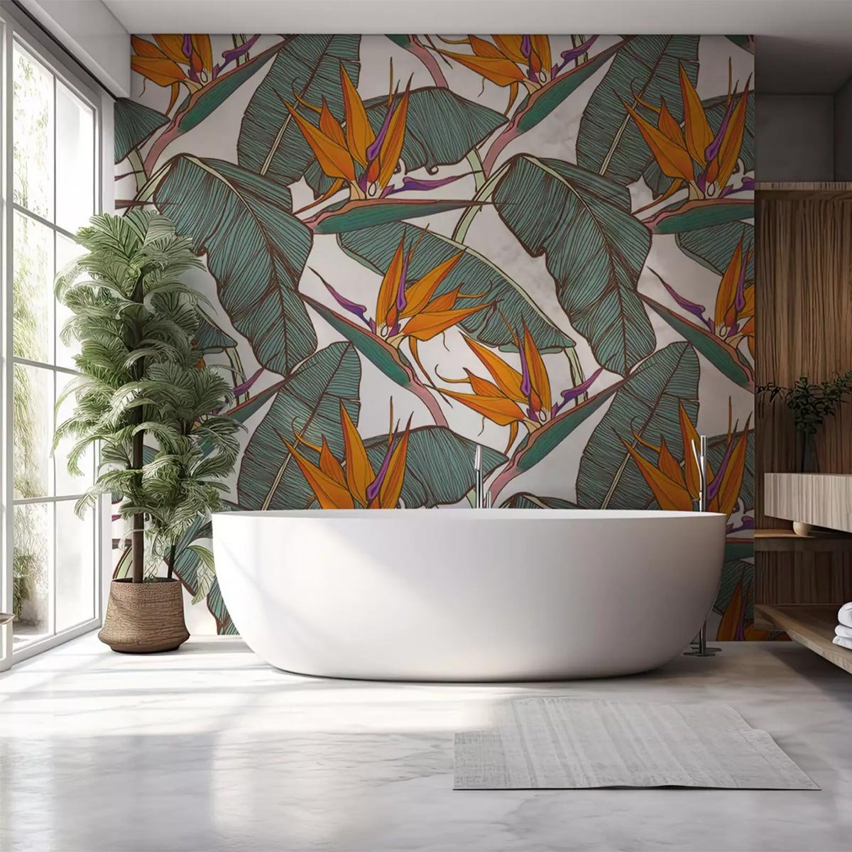 Papier peint panoramique fleurs oranges tropicales intissé, HEXOA