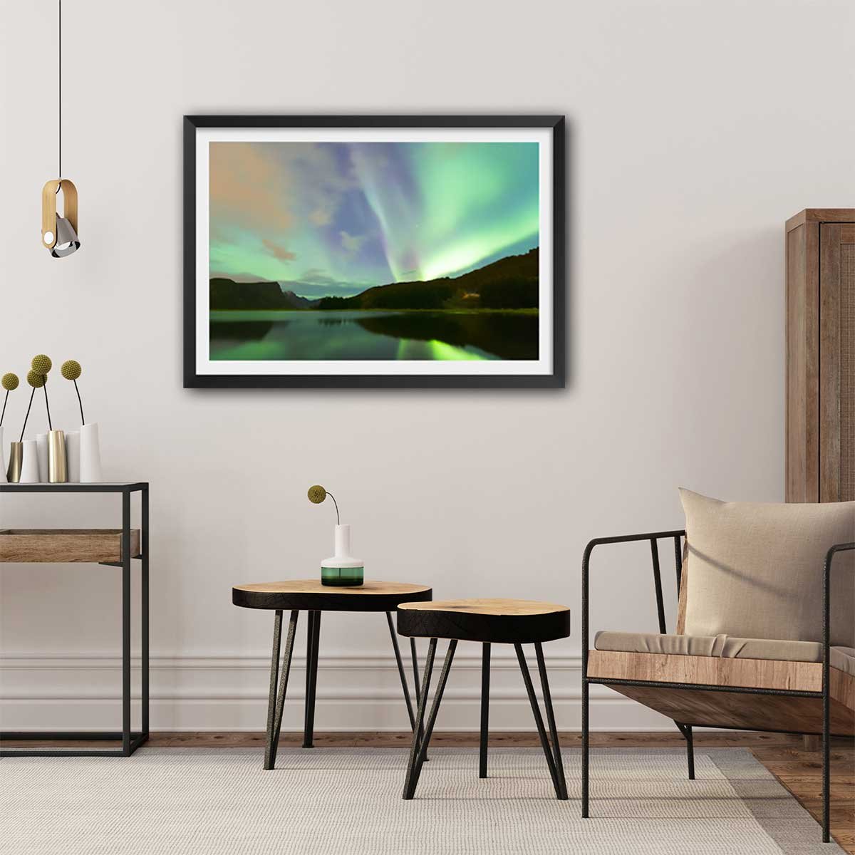 Affiche paysage norwayliht lofoten affiche + cadre en bois - noir, HEXOA
