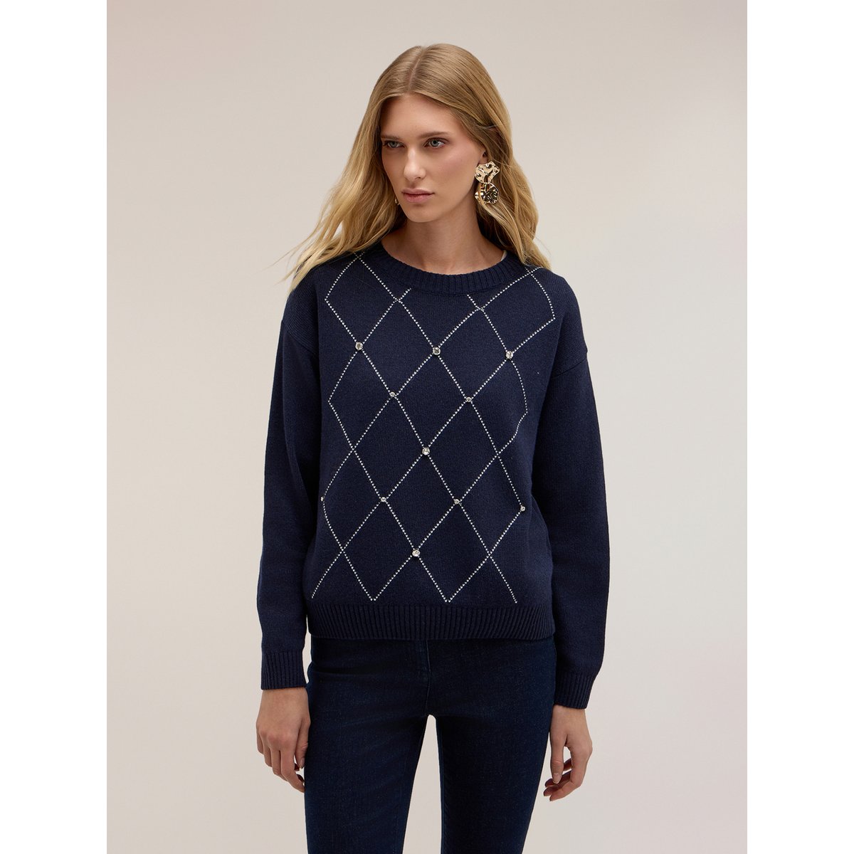 Pull en maille à losanges avec strass bleu, MOTIVI