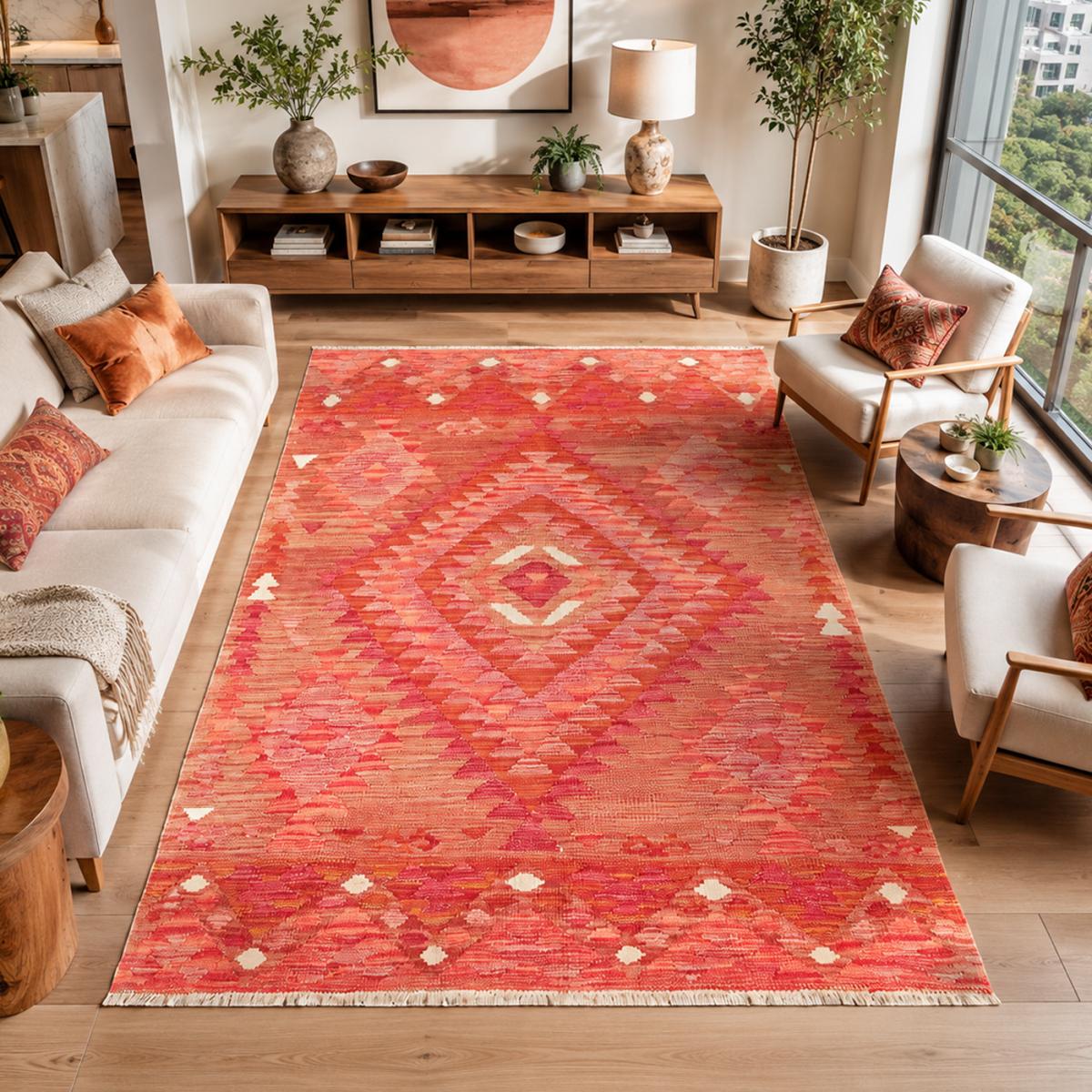 Tapis kilim géométrique, tissé plat en laine, KILIM 33 rouge, orange, rose, UN AMOUR DE TAPIS