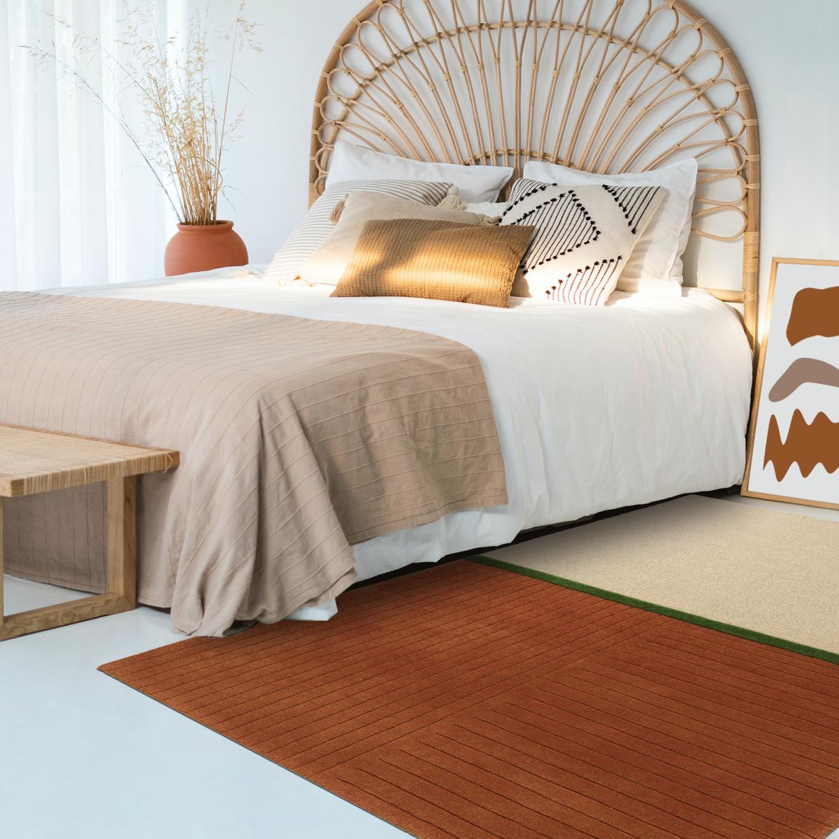 Tapis salon et chambre fait main en laine motif simple DECORIM orange, vert, UN AMOUR DE TAPIS