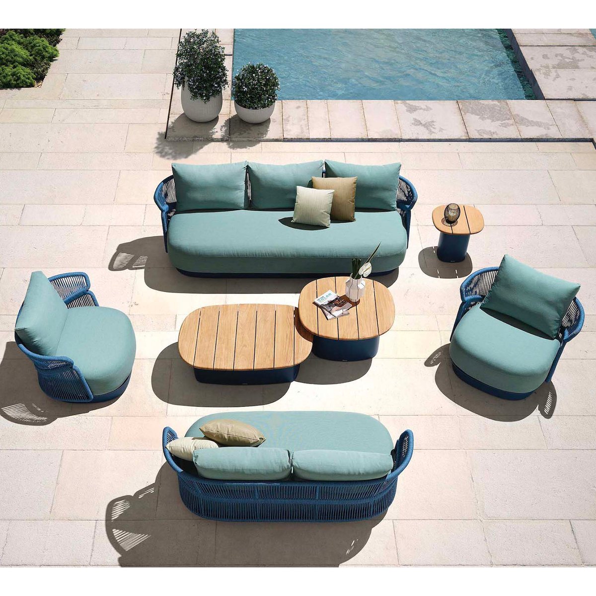 Grand salon de jardin en corde tressée, LASKA bleu canard, AU JARDIN DE CHLOÉ