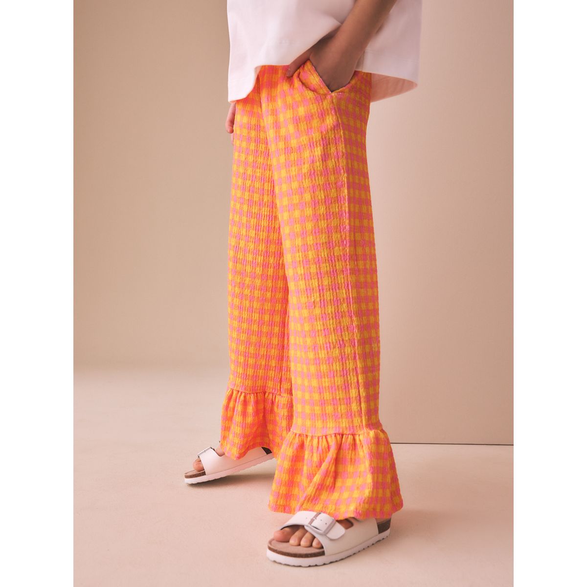 Pantalon texturé avec volants sur l’ourlet vichy rose et jaune, NEXT