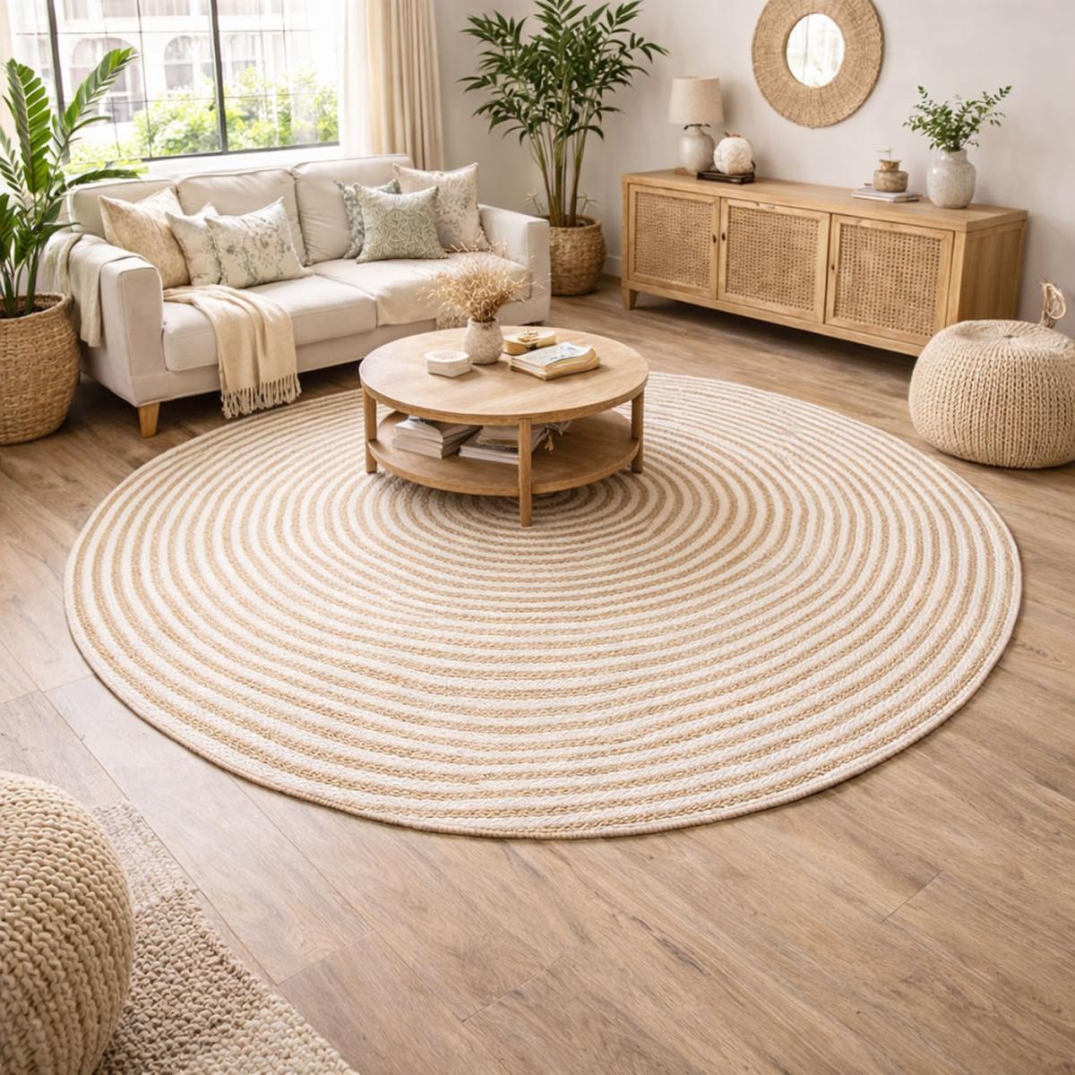 Tapis rond fait à la main en jute motif simple SPIRALTRY blanc, UN AMOUR DE TAPIS
