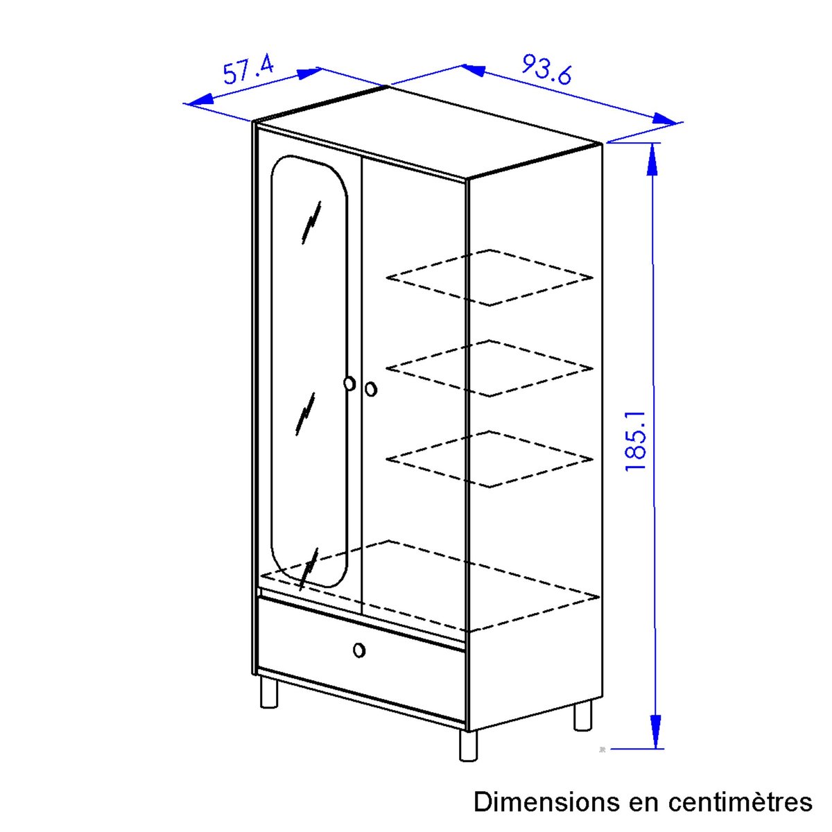 Armoire 2 portes avec grand miroir blanc, GAMI