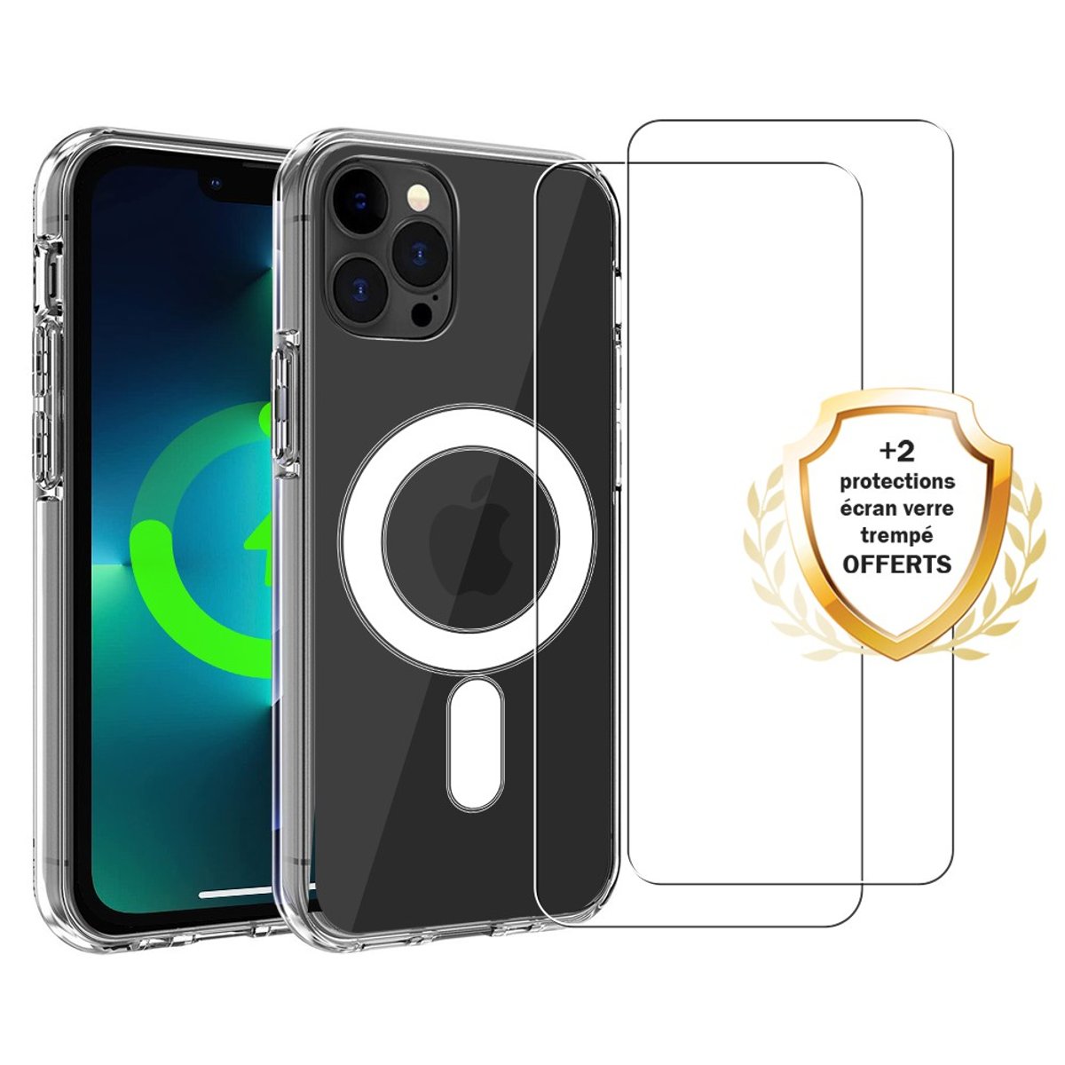 Coque Anti-choc compatible Magsafe pour iPhone 13 Pro Transparente + 2 vitres transparent, EVETANE