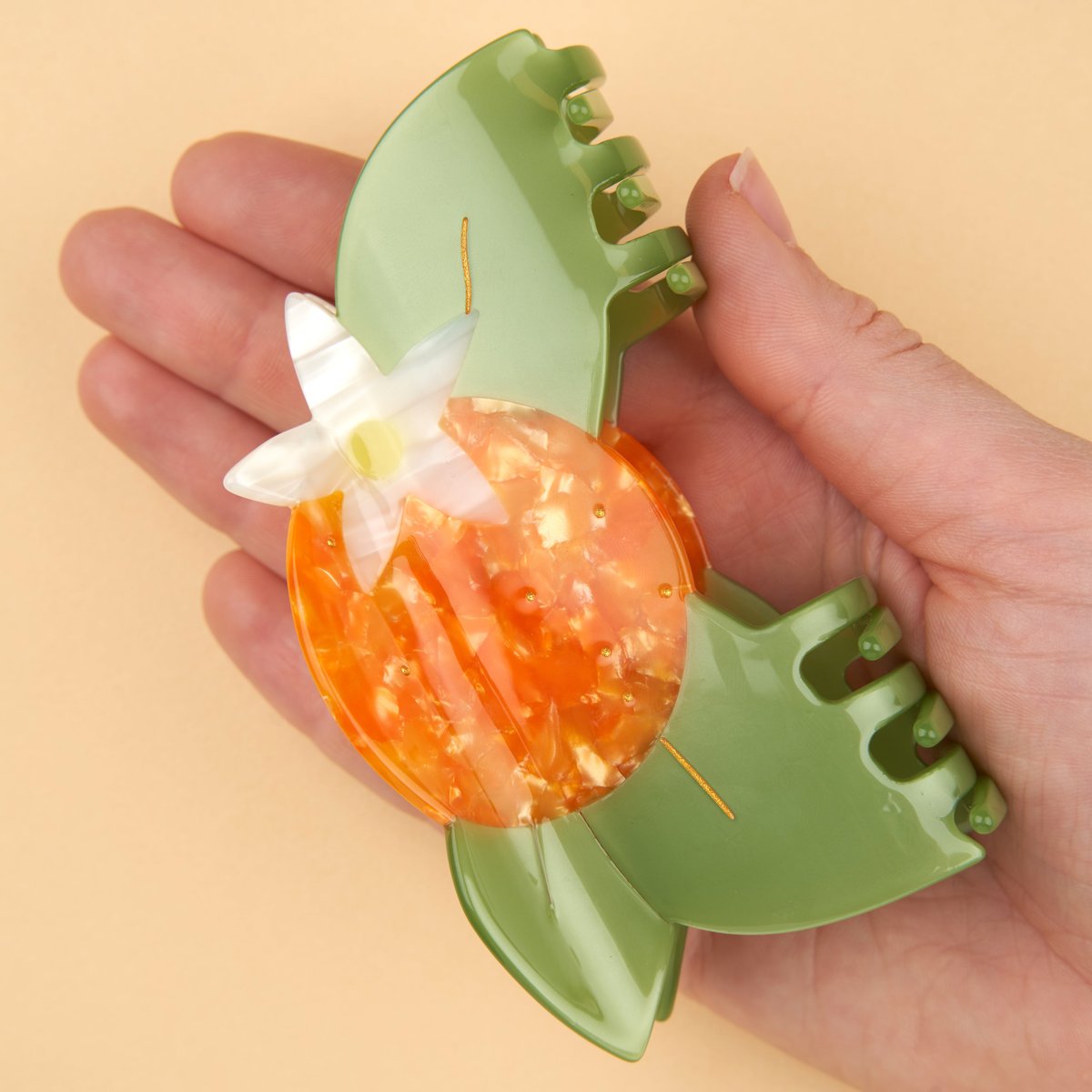 Pince à cheveux FLEUR D'ORANGER orange et vert, COUCOU SUZETTE