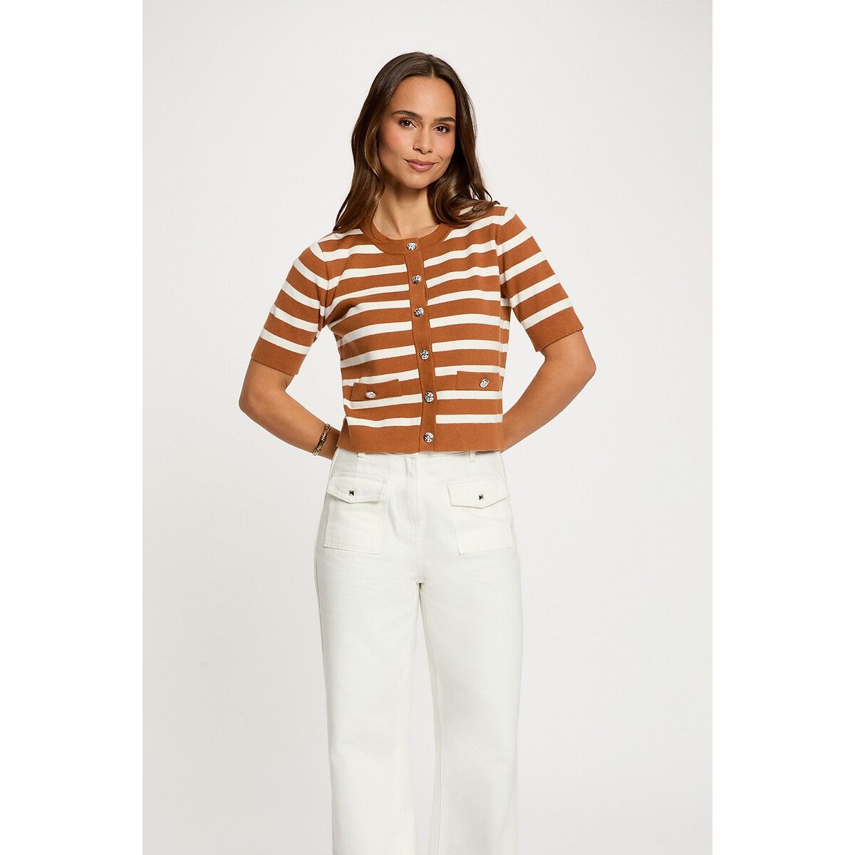 Gilet manches courtes rayé, col rond camel/blanc, MORGAN