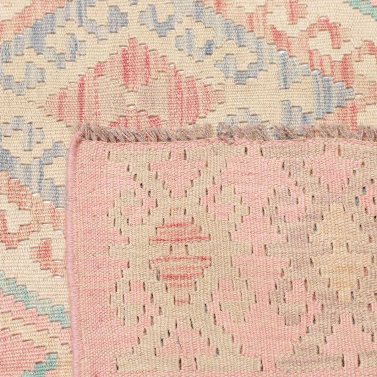 Tapis kilim géométrique, tissé plat authentique, KILIM 56 rose, bleu, crème, UN AMOUR DE TAPIS
