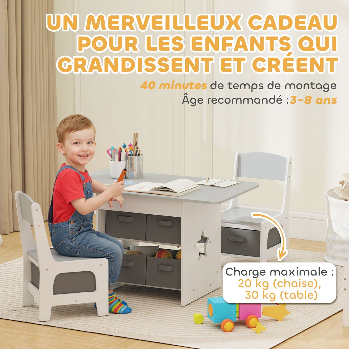 Ensemble table et chaises pour enfants MDF gris clair, gris foncé, blanc, AIYAPLAY