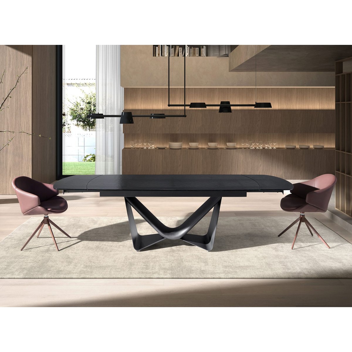 Table de salle à manger extensible ovale tonneau en verre, acier, fibre de verre et métal gris foncé | noir, ANGEL CERDA