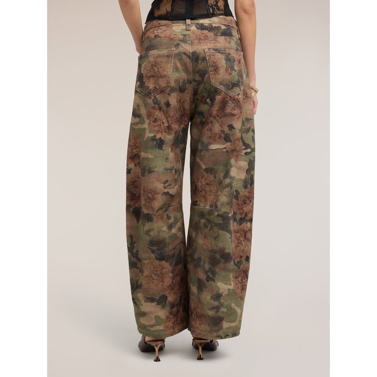 Pantalon coupe barrel à motif floral verde militare, MOTIVI