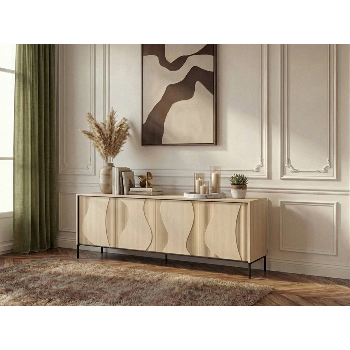 Buffet bas en panneaux de particules et MDF 4 portes 193 cm, FLORE noir et chêne, BOBOCHIC