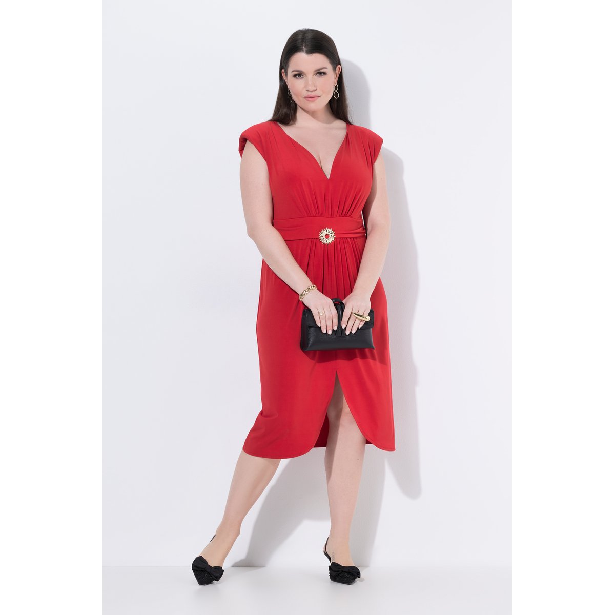 Robe sans manches, décolleté en V et drapé rouge, ULLA POPKEN