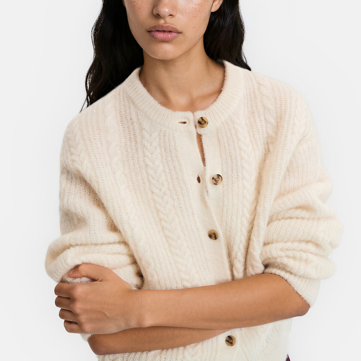Cardigan col rond, torsadé, en alpaga mélangé ecru, LA REDOUTE COLLECTIONS