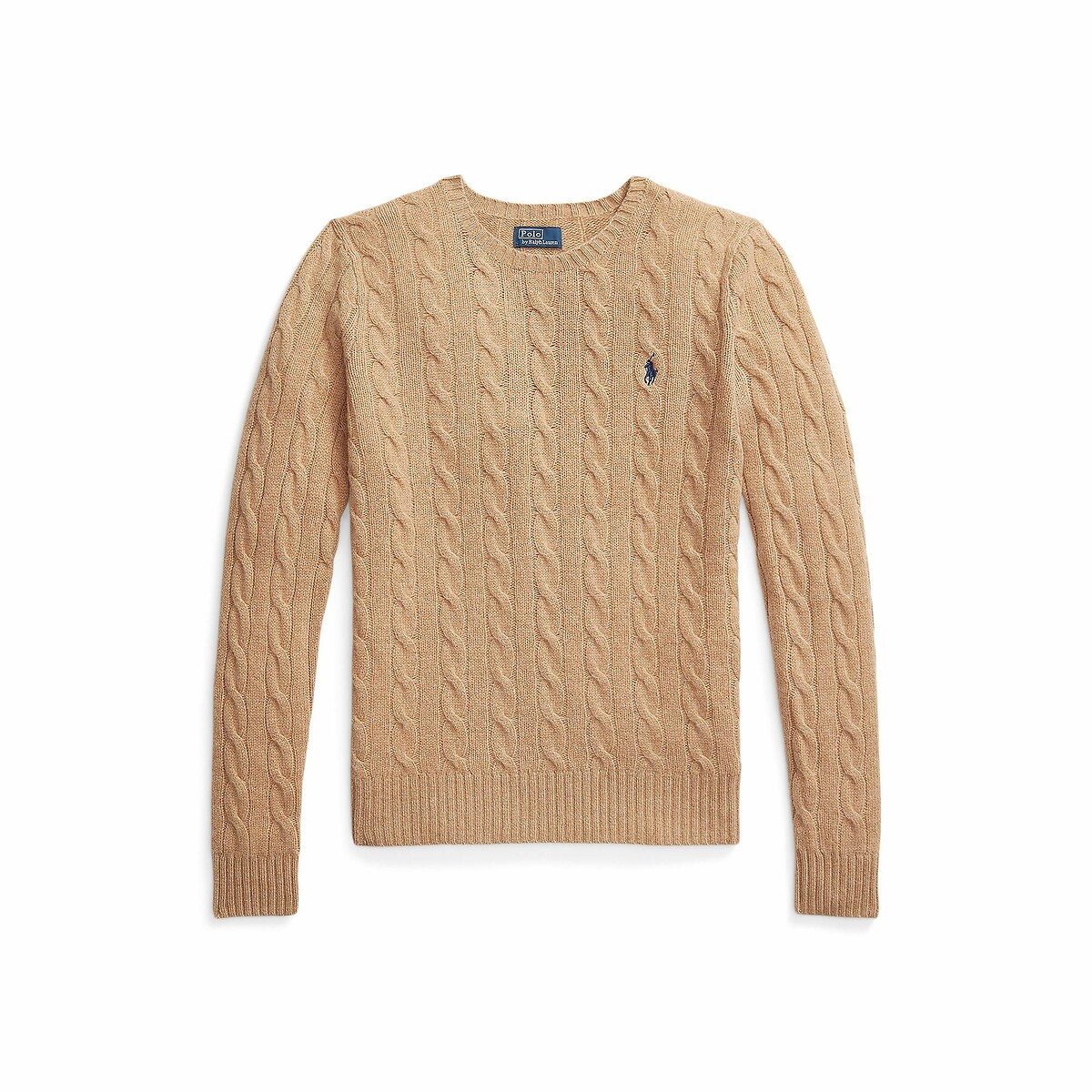 Pull col rond en maille torsadée, 80% laine 20% cachemire camel, POLO RALPH LAUREN