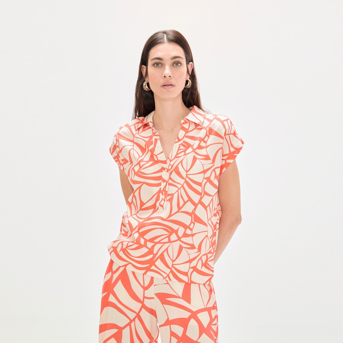 Blouse fluide imprimée à manches courtes corail, LOLA CASADEMUNT