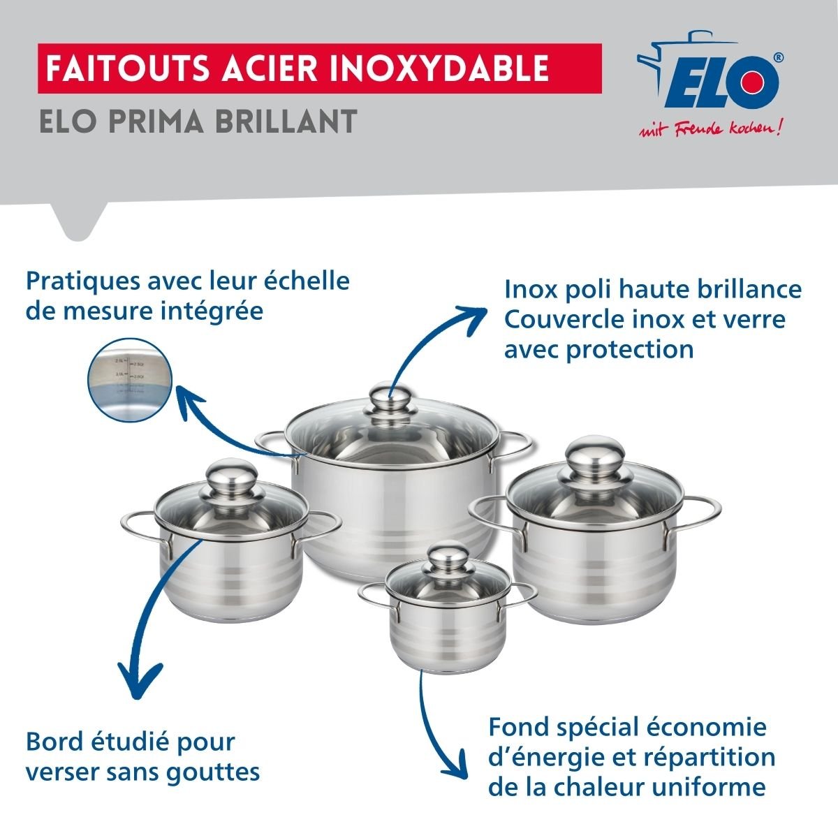 Batterie 1 poêle 28cm + 4 faitouts 12/14/16/20cm PRIMA BRILLANT noir, ELO