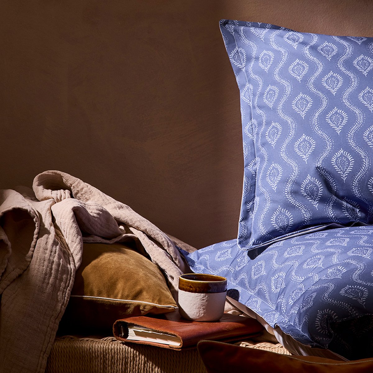 Taie d'oreiller imprimée en percale de coton, HAVELI bleu foncé, ESSIX