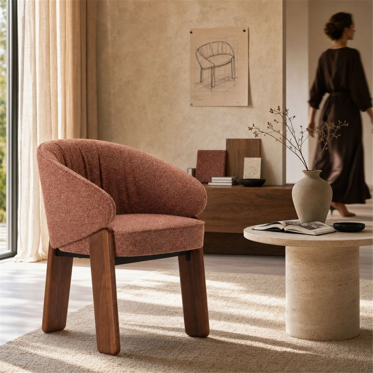 Chaise en frêne et tissu tissé main noyer, brique, RECOLLECTION