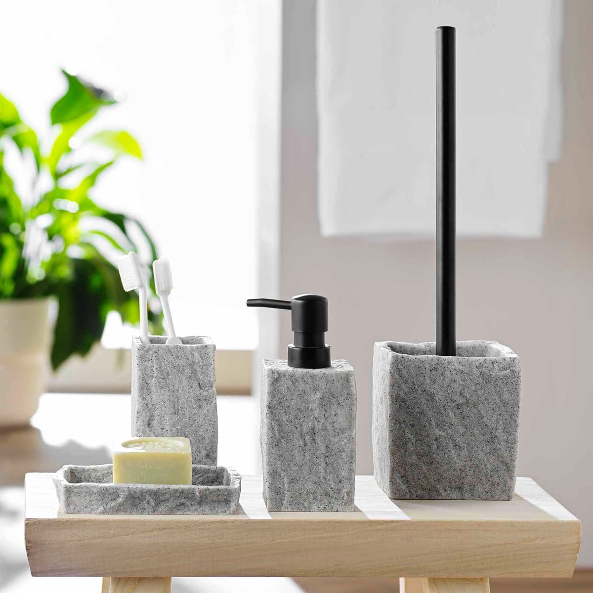 Gobelet porte brosse à dent - Effet minéral gris, DOUCEUR D'INTÉRIEUR