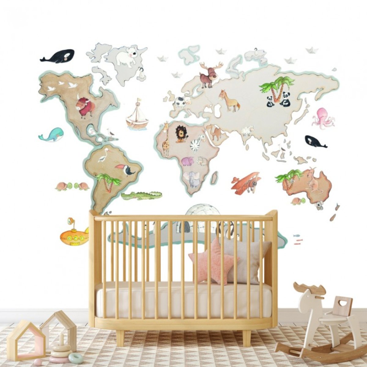 Sticker mural enfant World Map XL Animals multicolore, SUENOS DE CIGUENA