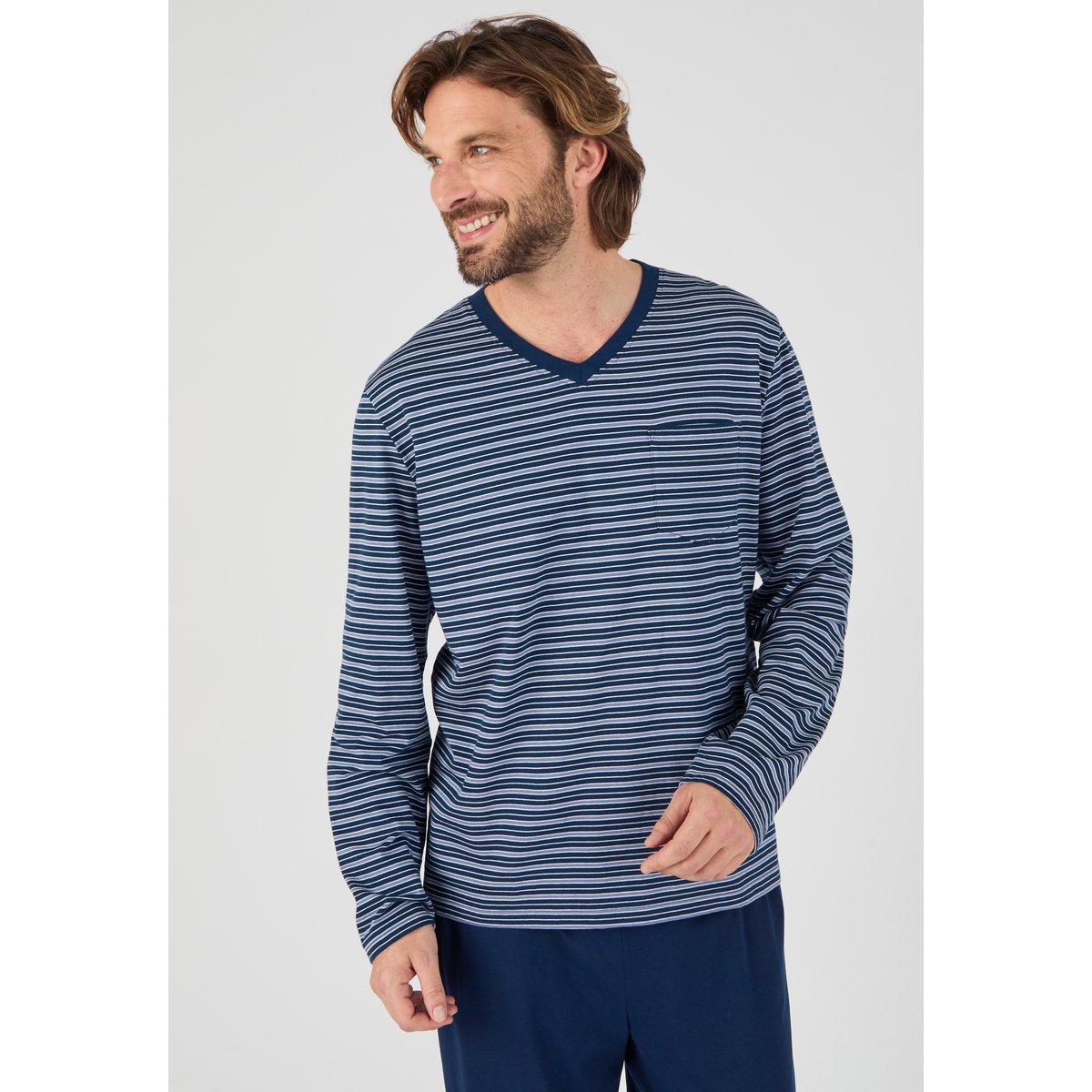 Pyjama en maille jersey bleu marine rayé, DAMART