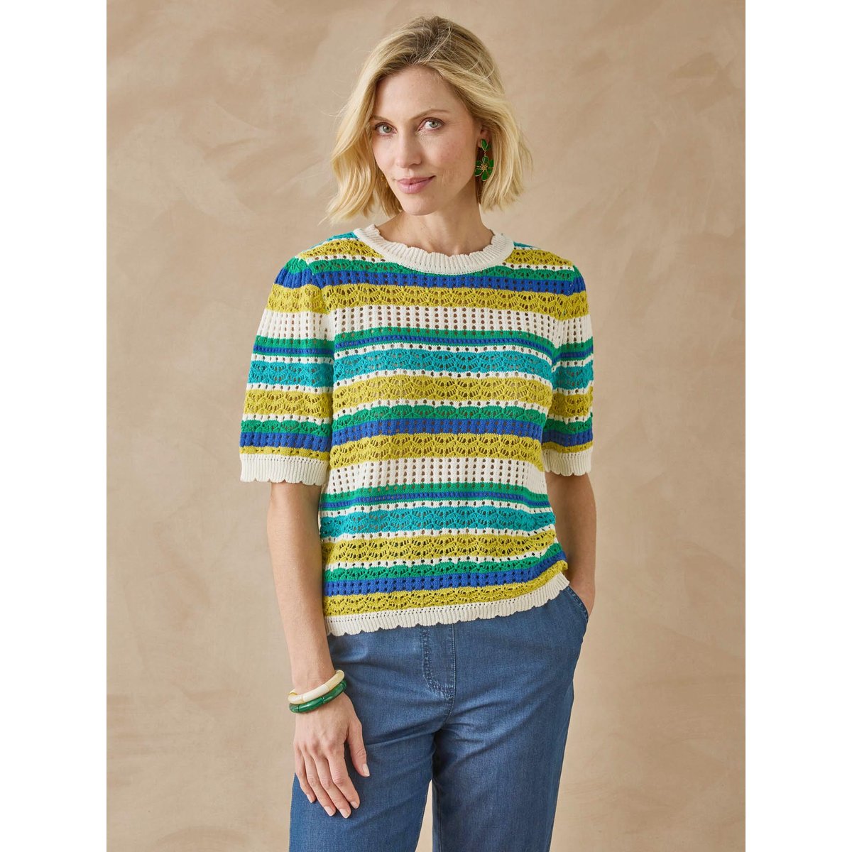 Pull rayé manches au coude rayé multicolore, DAXON